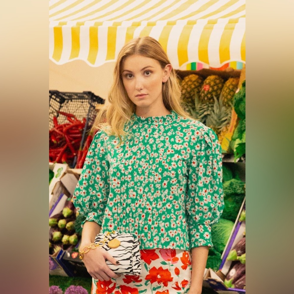Rixo Mandy green floral cotton top blouse XS